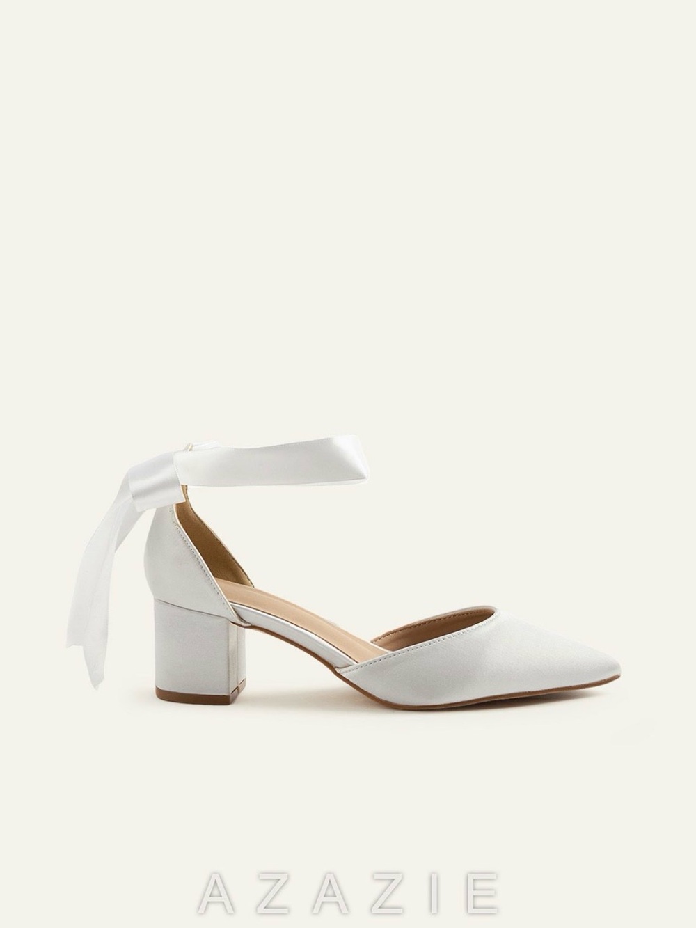 Azazie White Satin Ankle-Tie Block Heel Pump